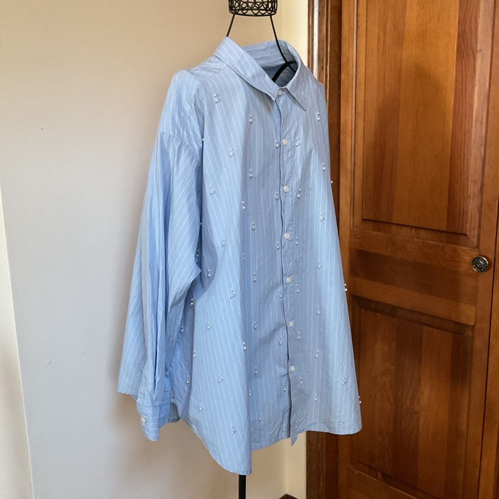 Light Blue Button Down Shirt with Pearls - Picture 4 of 7